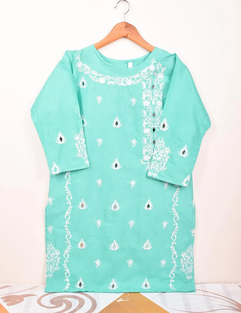 Cotton Embroidered Stitched Kurti With Mirror Work - Bumblebee (TS-068A-SkyBlue)