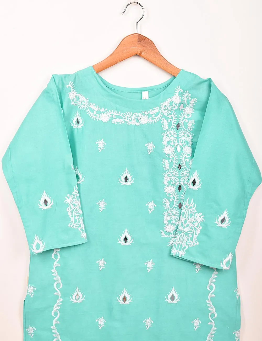 Cotton Embroidered Stitched Kurti With Mirror Work - Bumblebee (TS-068A-SkyBlue)