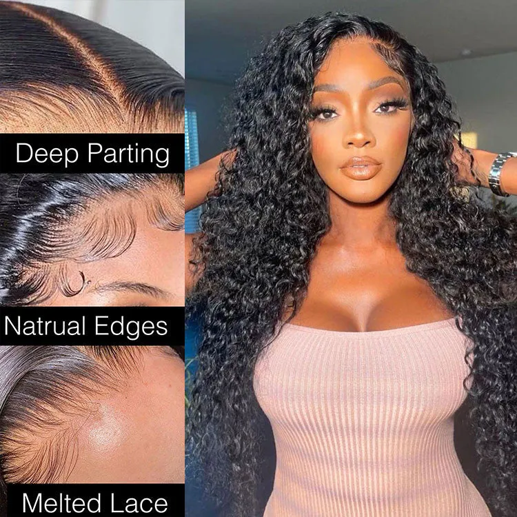 Deep Wave Natural Black Glueless 6x5 Pre-cut Lace Human Hair Wigs