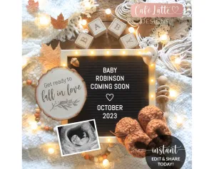 Digital Fall Boho Pregnancy Announcement For Social Media, Letter Board Editable Template Get Ready to Fall in Love Baby Reveal, DIY Corjl