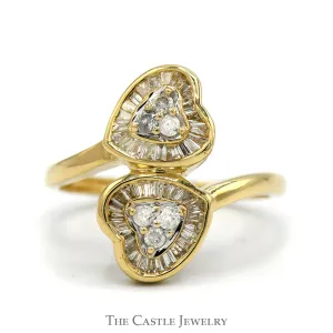 Double Heart Ring with 1/2cttw Round and Baguette Diamond Cluster in 14k Yellow Gold Bypass Setting