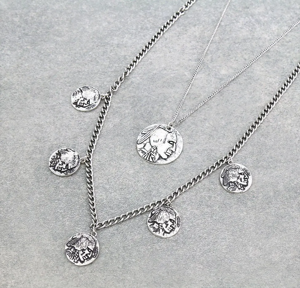 Double Strand Indian Coin Fashion Necklace - Silver