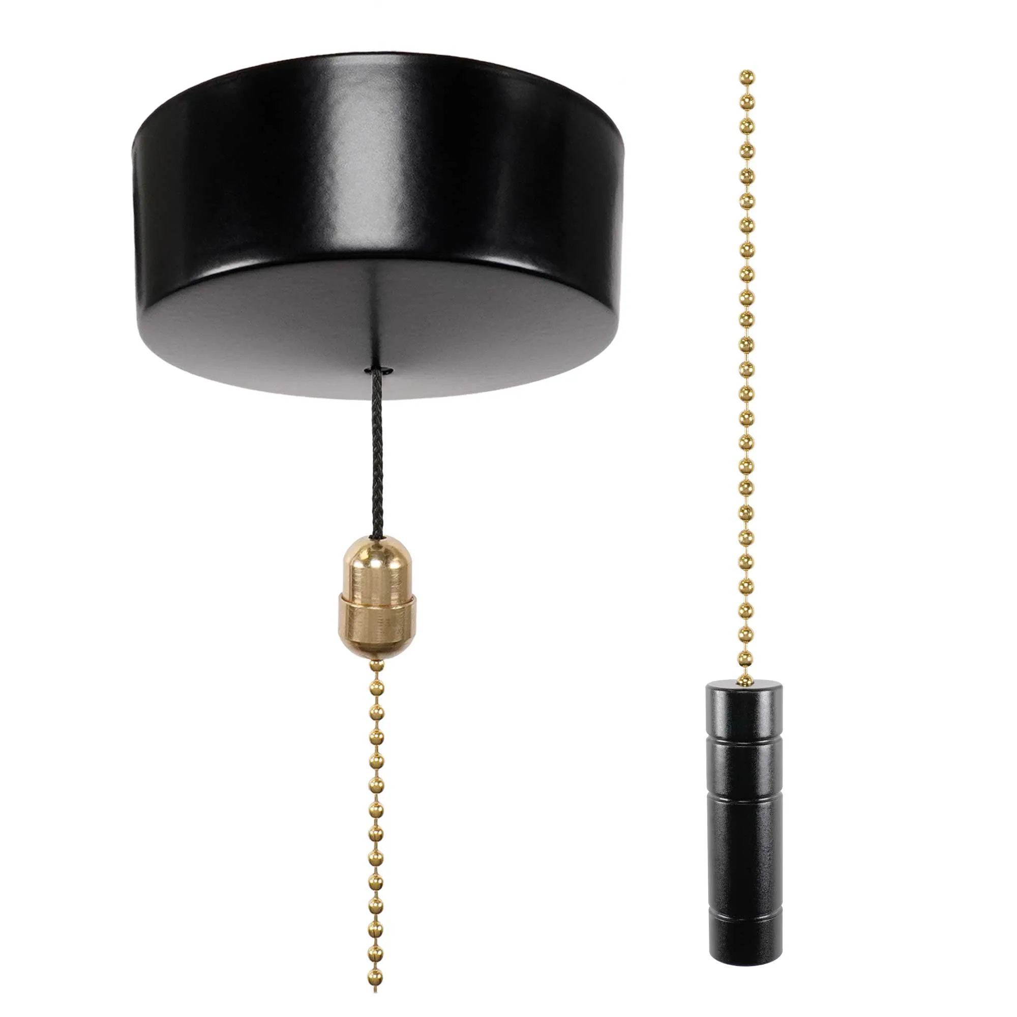 ElekTek Premium Satin Black Bathroom Light Pull Cord Switch Kit with Pull Chain Handle