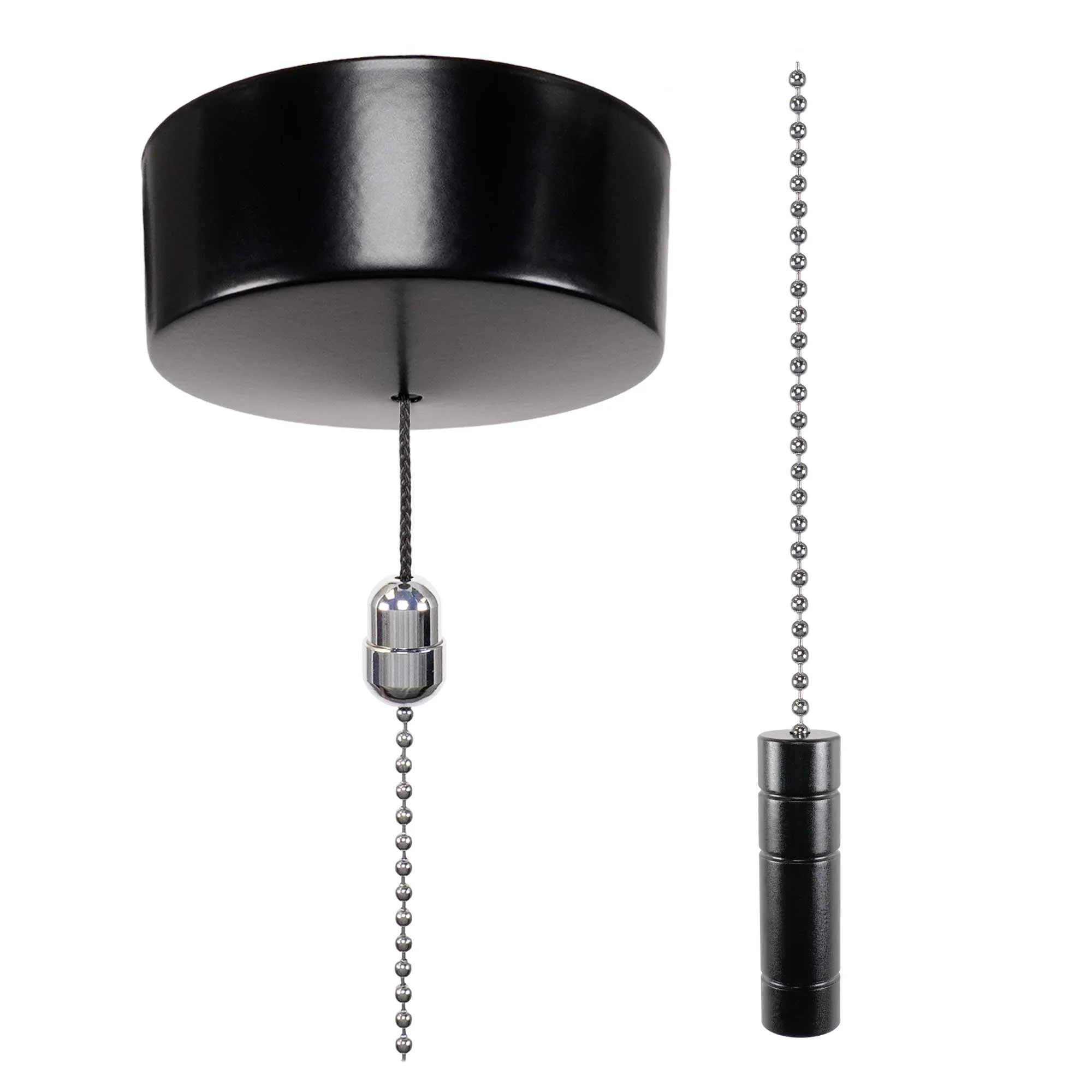 ElekTek Premium Satin Black Bathroom Light Pull Cord Switch Kit with Pull Chain Handle