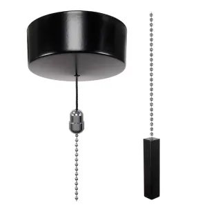 ElekTek Premium Satin Black Bathroom Light Pull Cord Switch Kit with Pull Chain Handle