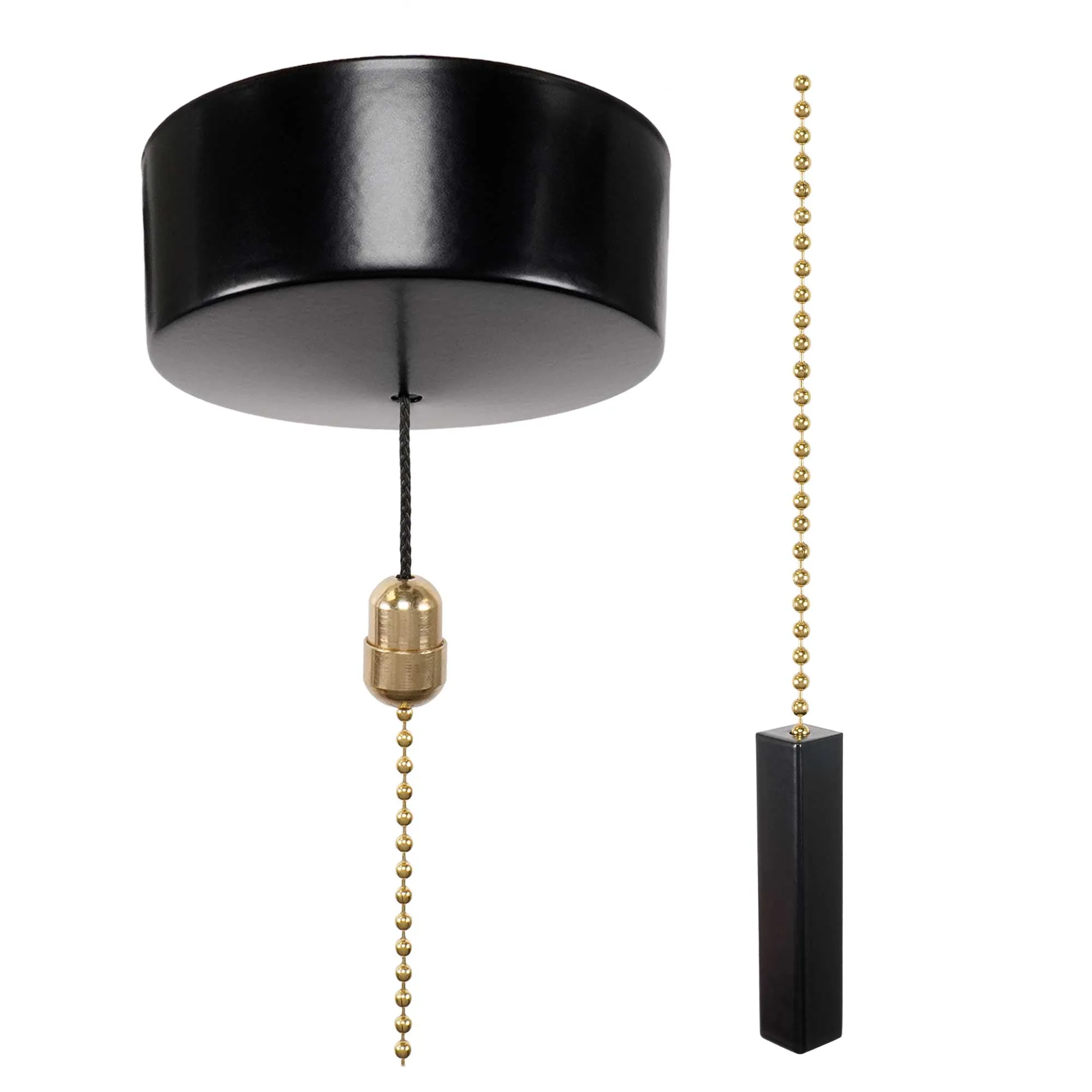 ElekTek Premium Satin Black Bathroom Light Pull Cord Switch Kit with Pull Chain Handle