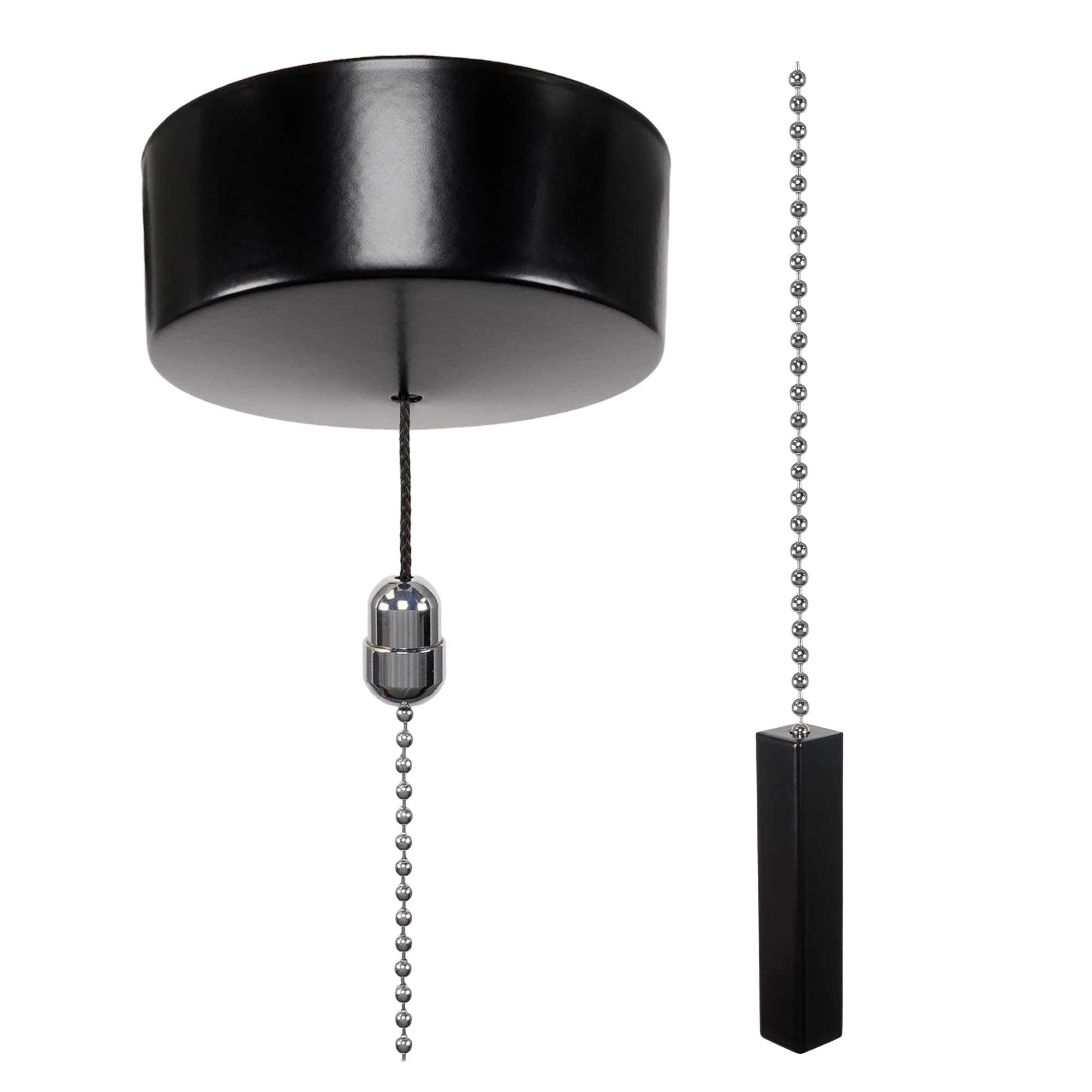 ElekTek Premium Satin Black Bathroom Light Pull Cord Switch Kit with Pull Chain Handle