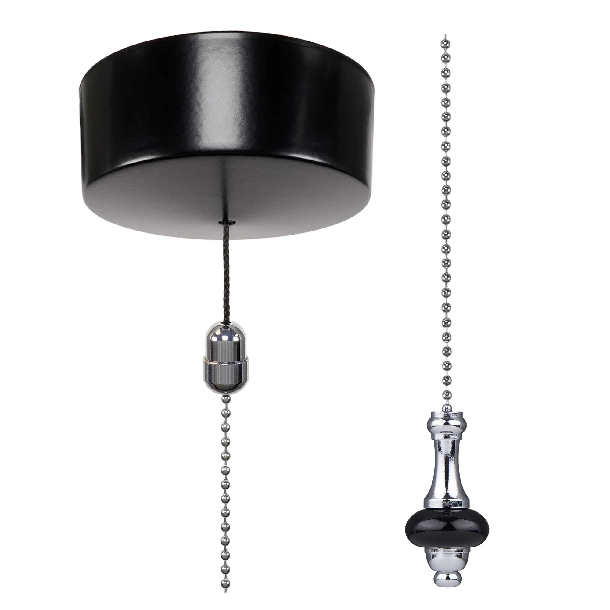 ElekTek Premium Satin Black Bathroom Light Pull Cord Switch Kit with Pull Chain Handle