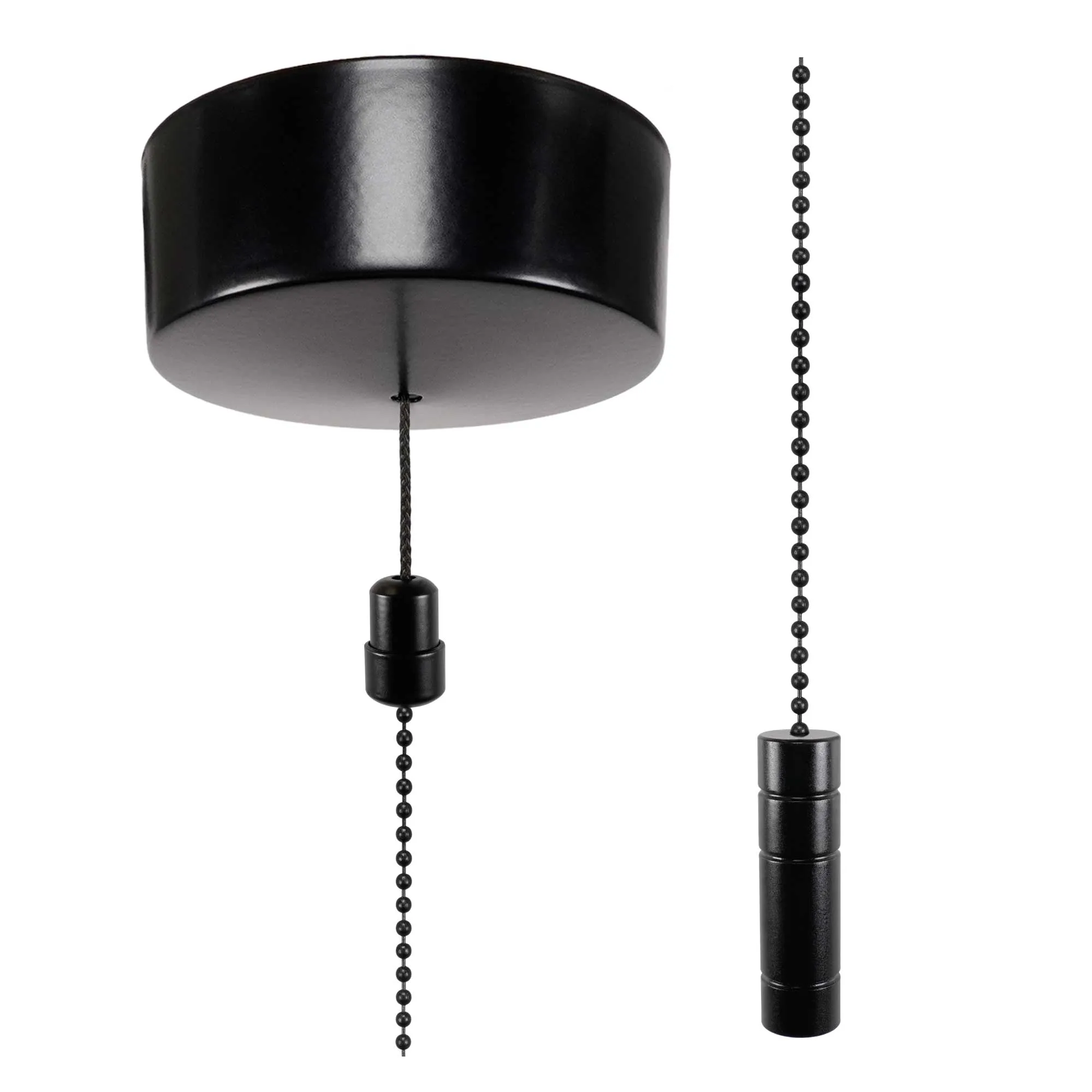 ElekTek Premium Satin Black Bathroom Light Pull Cord Switch Kit with Pull Chain Handle