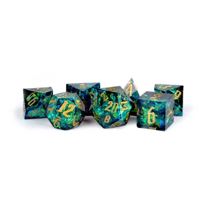 FanRoll: Premium Handcrafted Sharp Edge Inclusion 7-Piece Dice Set - Blue Pyre