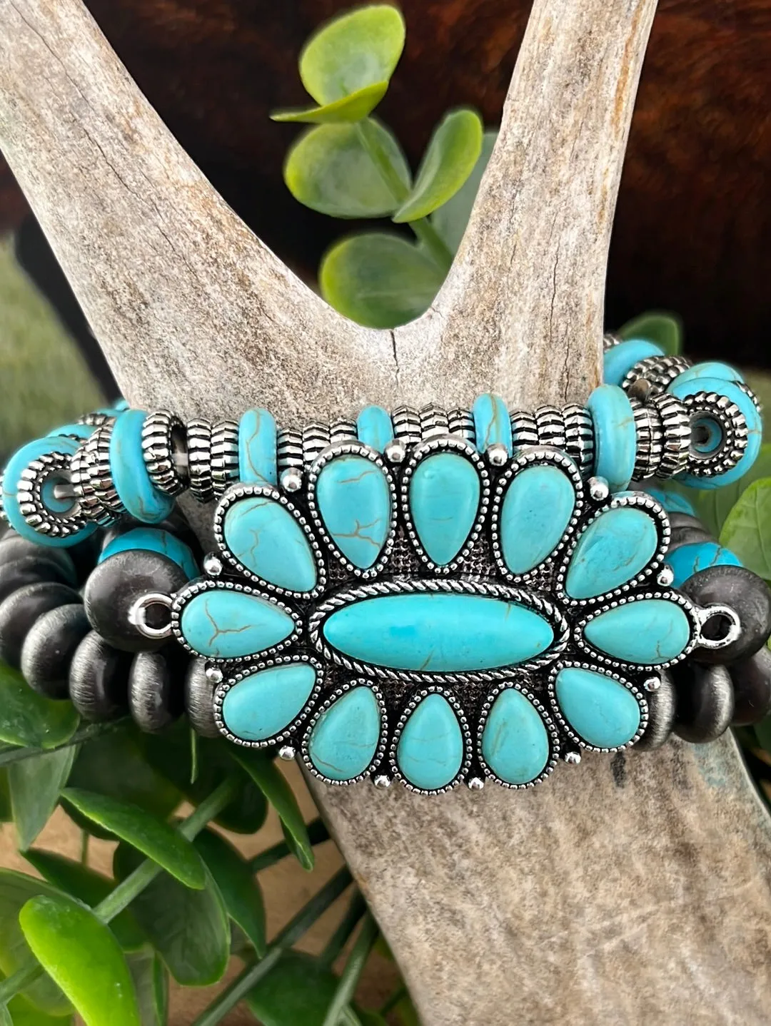 Fashion 3 Strand Silver & Turquoise Bead Bracelet Set With Cluster Concho