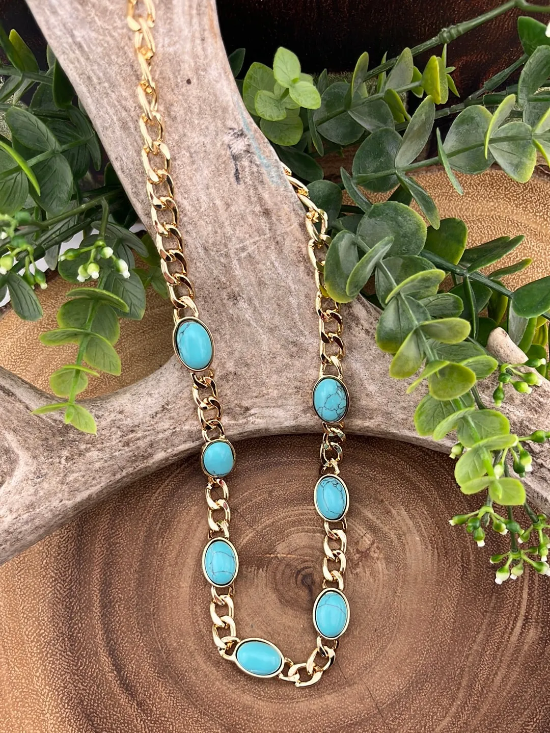 Fashion Gold Link Necklace & Bracelet With Oval Stones - Turquoise