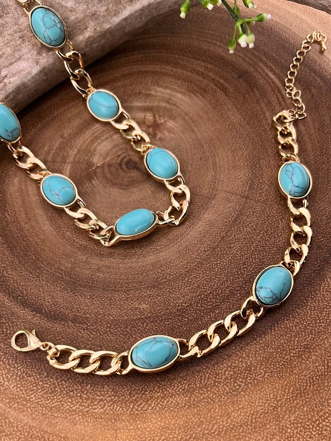 Fashion Gold Link Necklace & Bracelet With Oval Stones - Turquoise