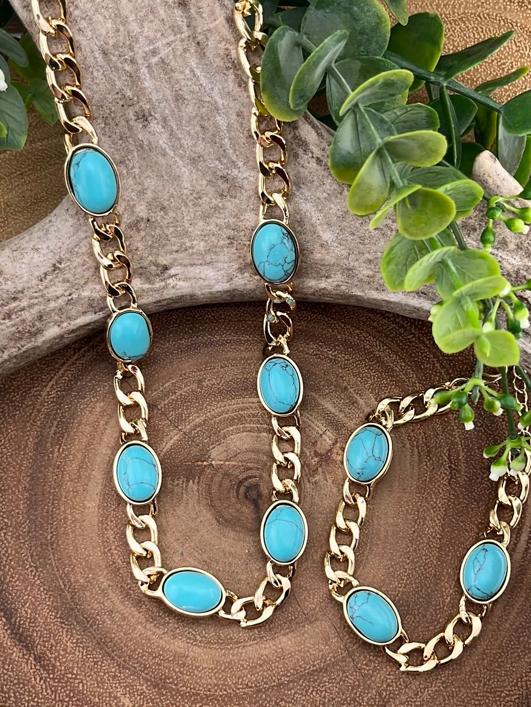 Fashion Gold Link Necklace & Bracelet With Oval Stones - Turquoise