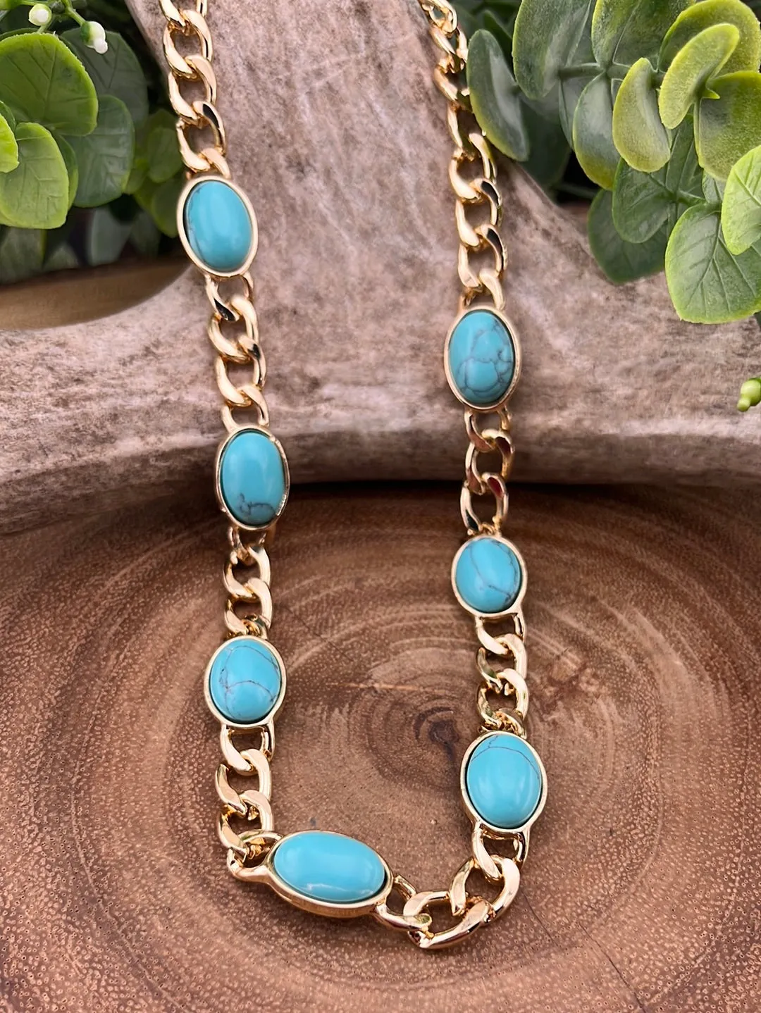 Fashion Gold Link Necklace & Bracelet With Oval Stones - Turquoise