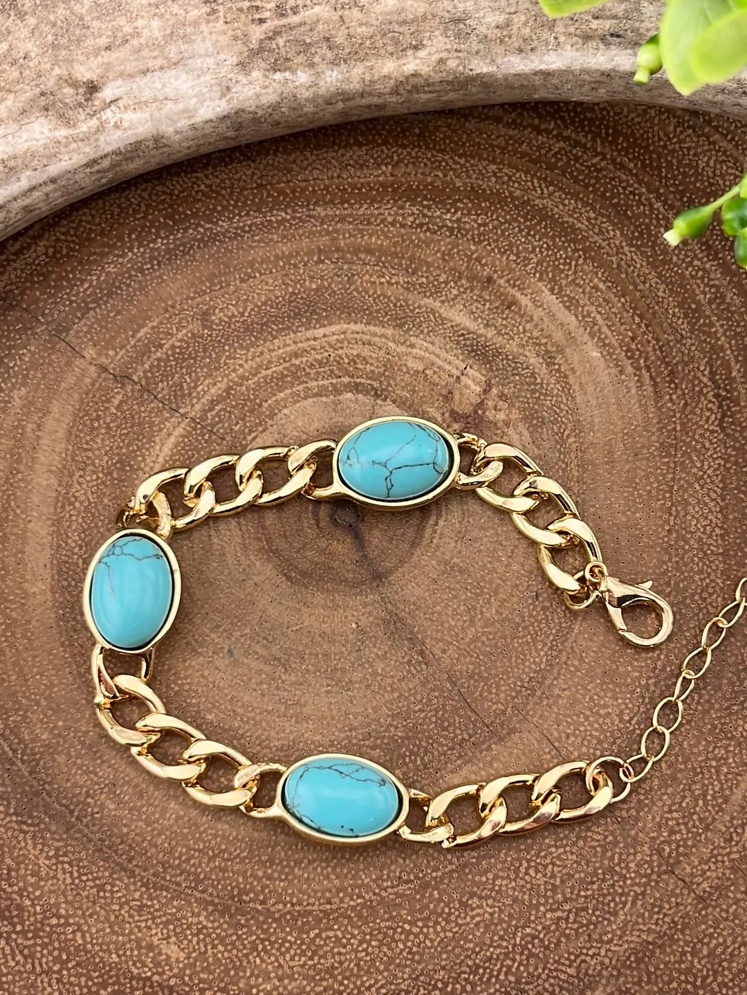 Fashion Gold Link Necklace & Bracelet With Oval Stones - Turquoise