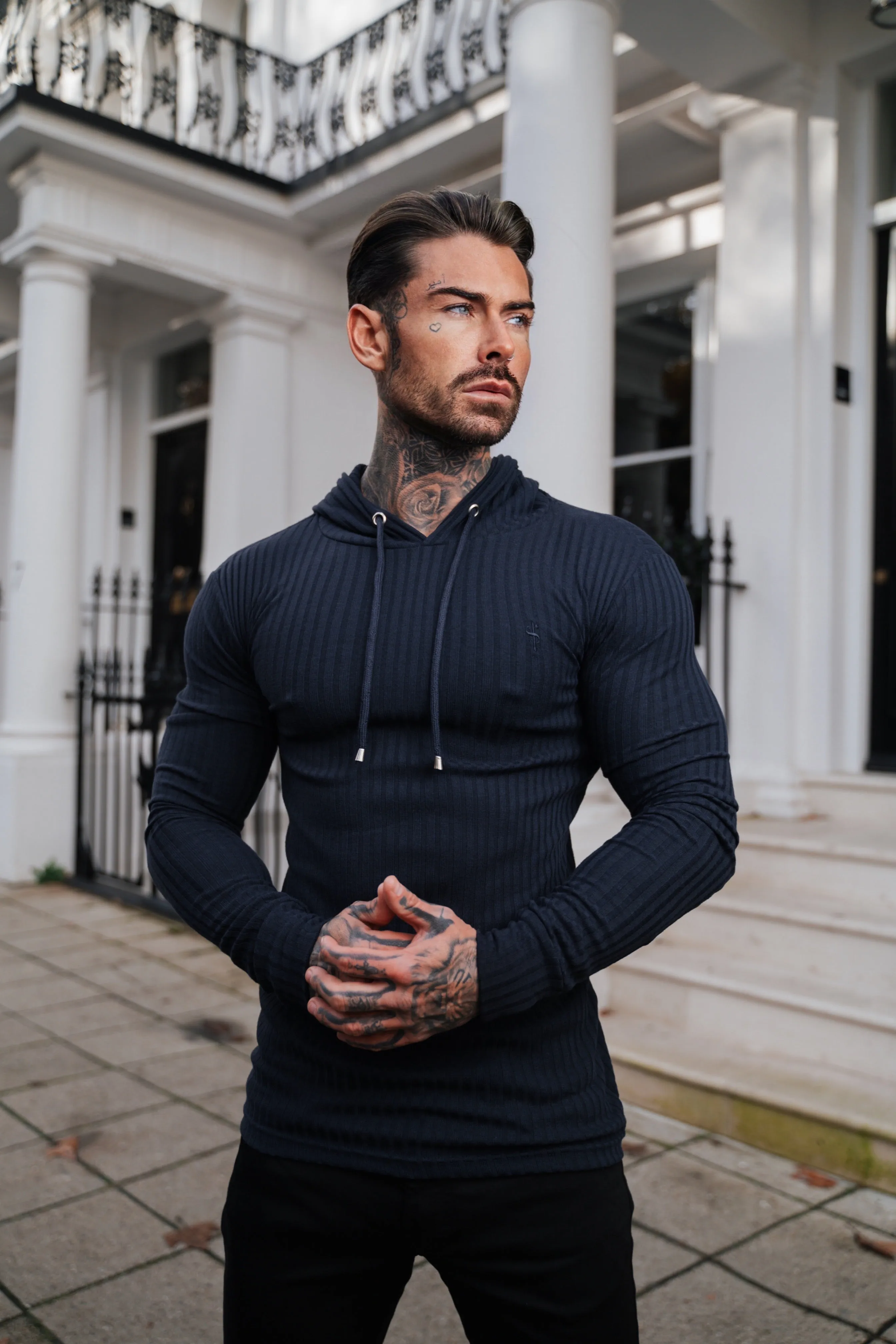 Father Sons Classic Navy Ribbed Knit Hoodie Jumper - FSH904