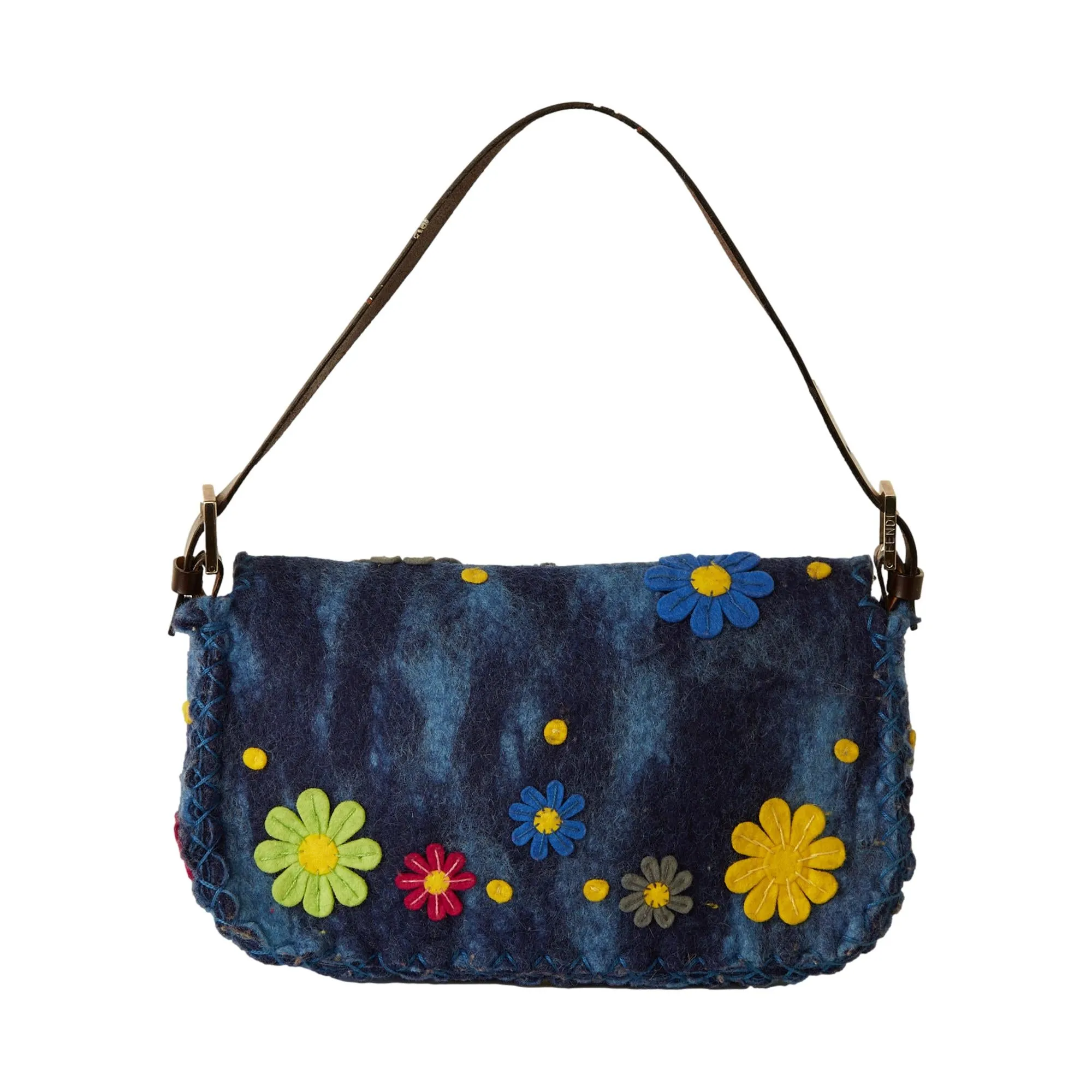 Fendi Blue Felt Flower Baguette Bag