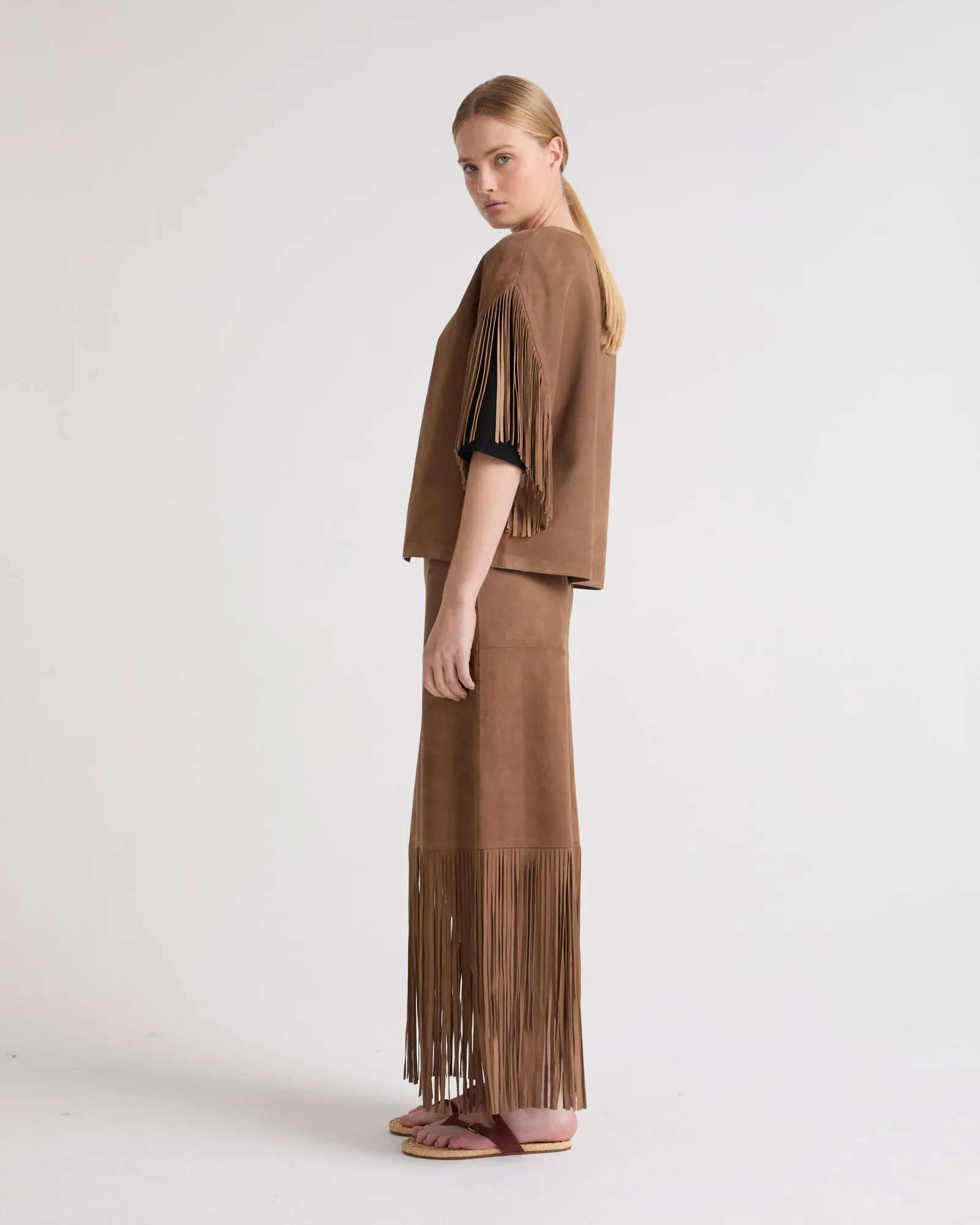 Fringed maxi skirt in double-sided velour lamb leather