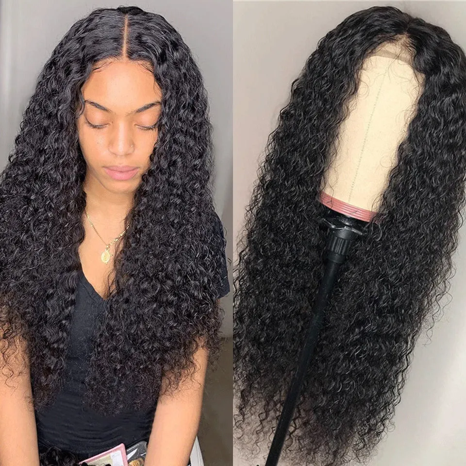 Glueless Jerry Curly Wave 4x4 Lace Closure Natural Black Human Hair Wig