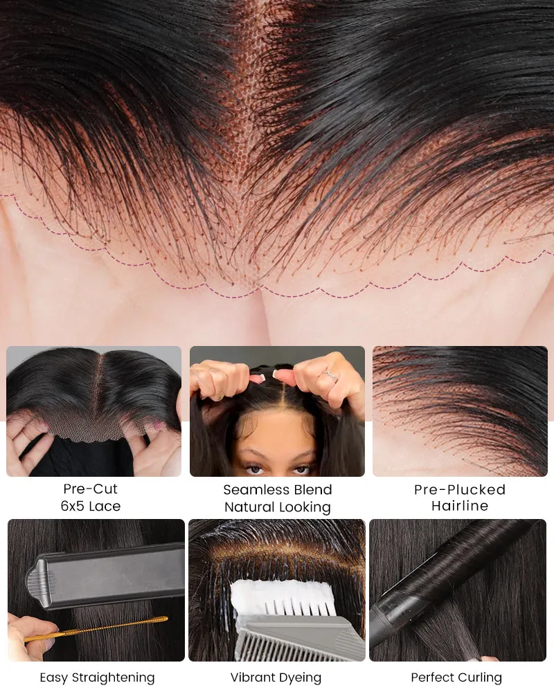 Glueless Natural Black Wavy Blowout 6x5 Pre-Cut Lace Human Hair Wigs