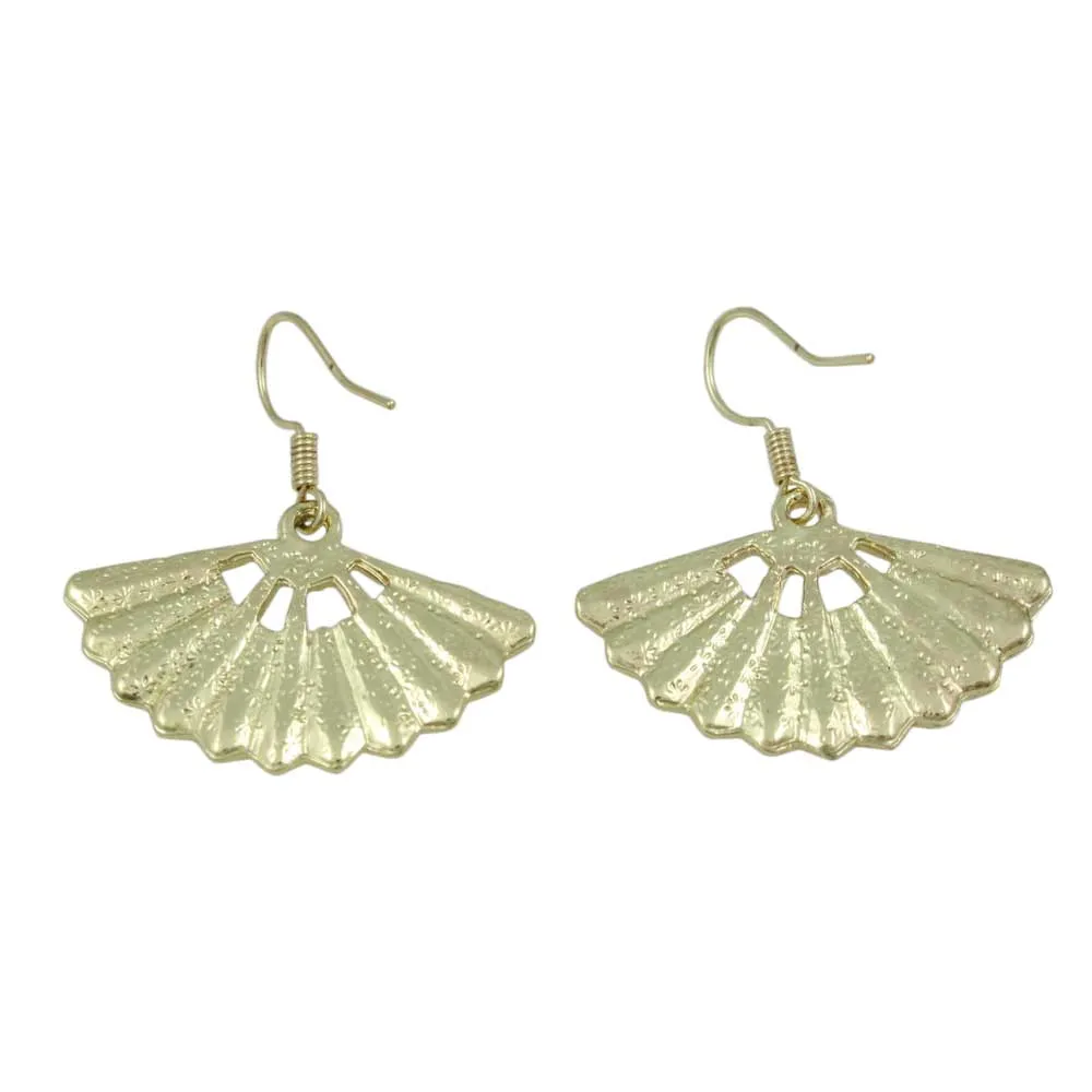 Gold Fan with Embossed Design Dangling Pierced Earring - MEC502