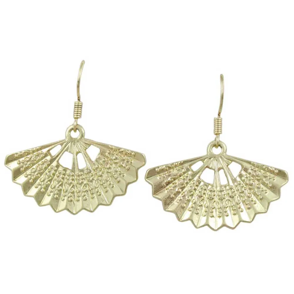 Gold Fan with Embossed Design Dangling Pierced Earring - MEC502