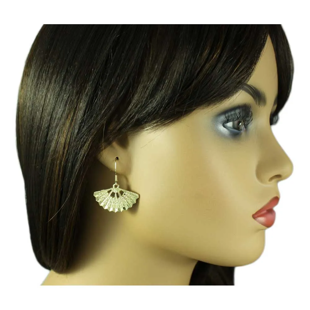 Gold Fan with Embossed Design Dangling Pierced Earring - MEC502