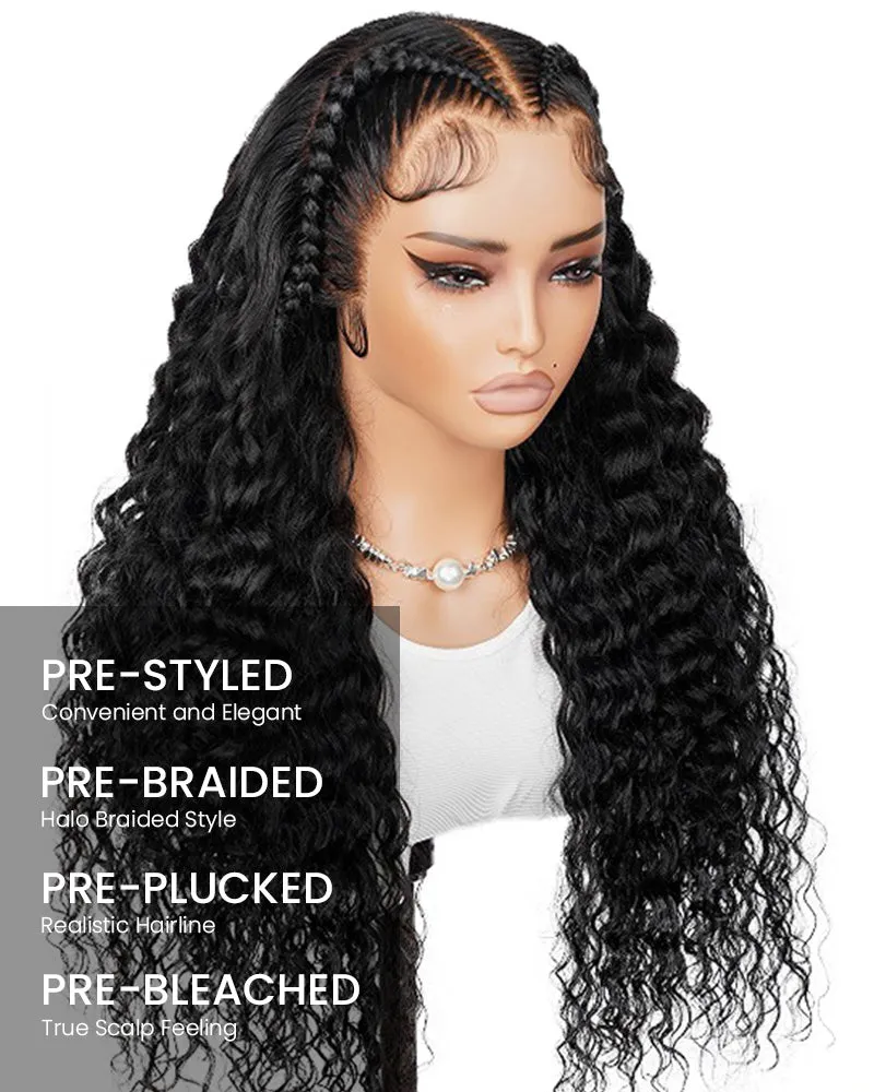 Halo Braided Water Wave Natural Black 13x4 Lace Front Human Hair Wig