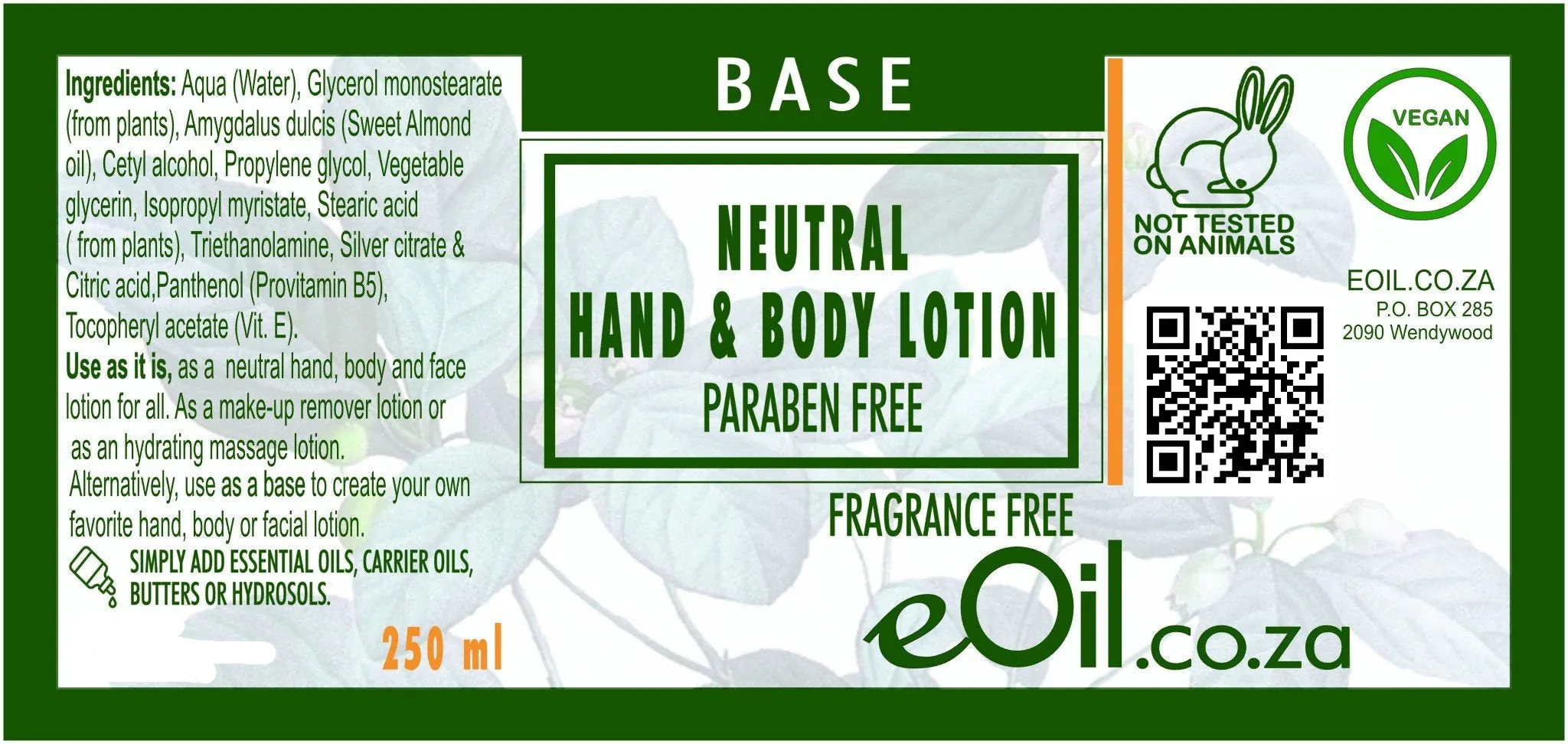 Hand & body lotion neutral paraben fragrance free base