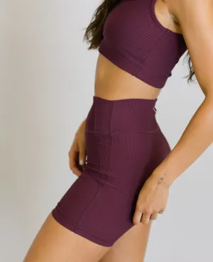High Rise Ribbed Biker Short - Wine