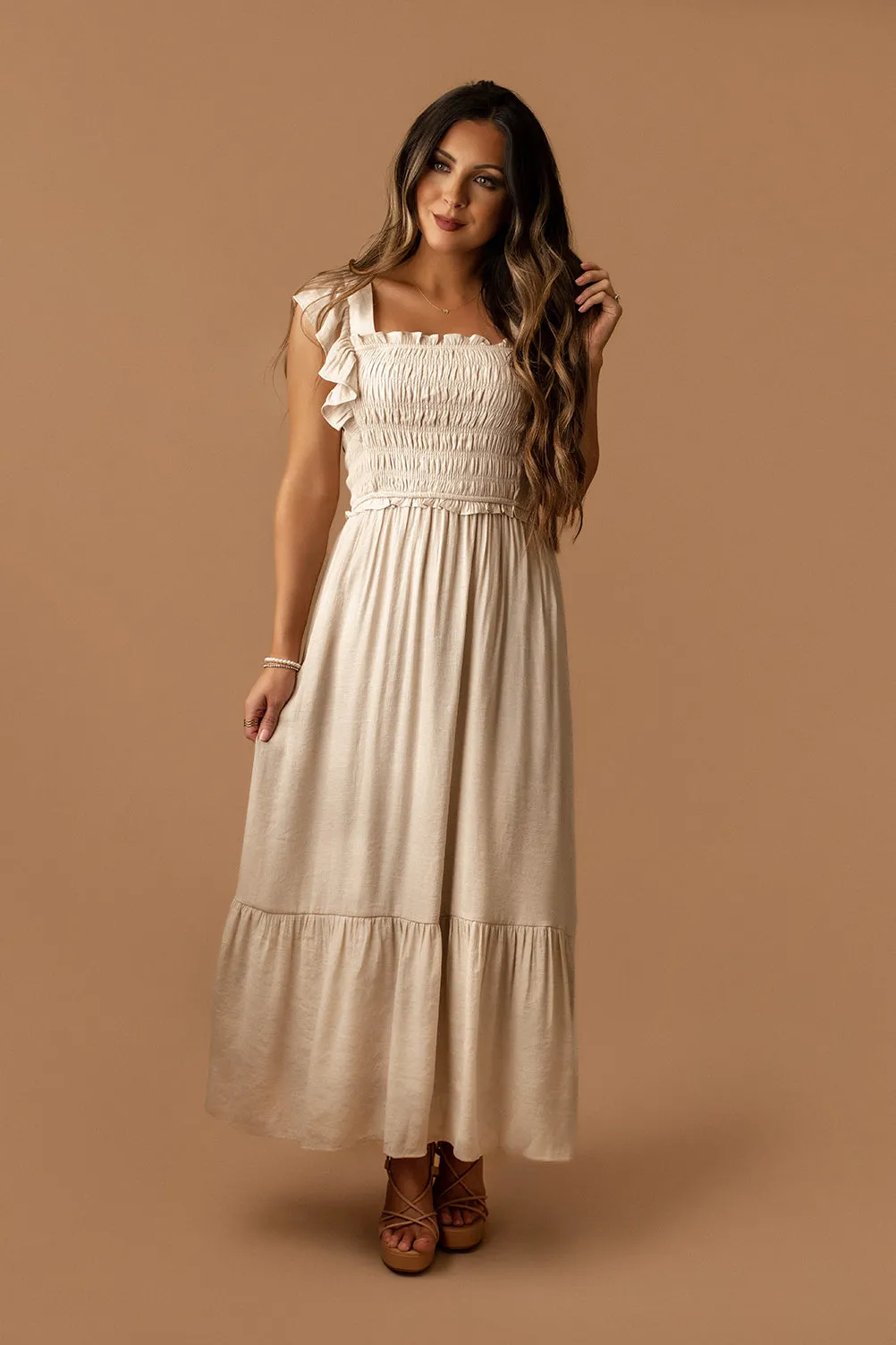 Hold My Hand Ruffle Strap Tiered Maxi Dress (Natural)
