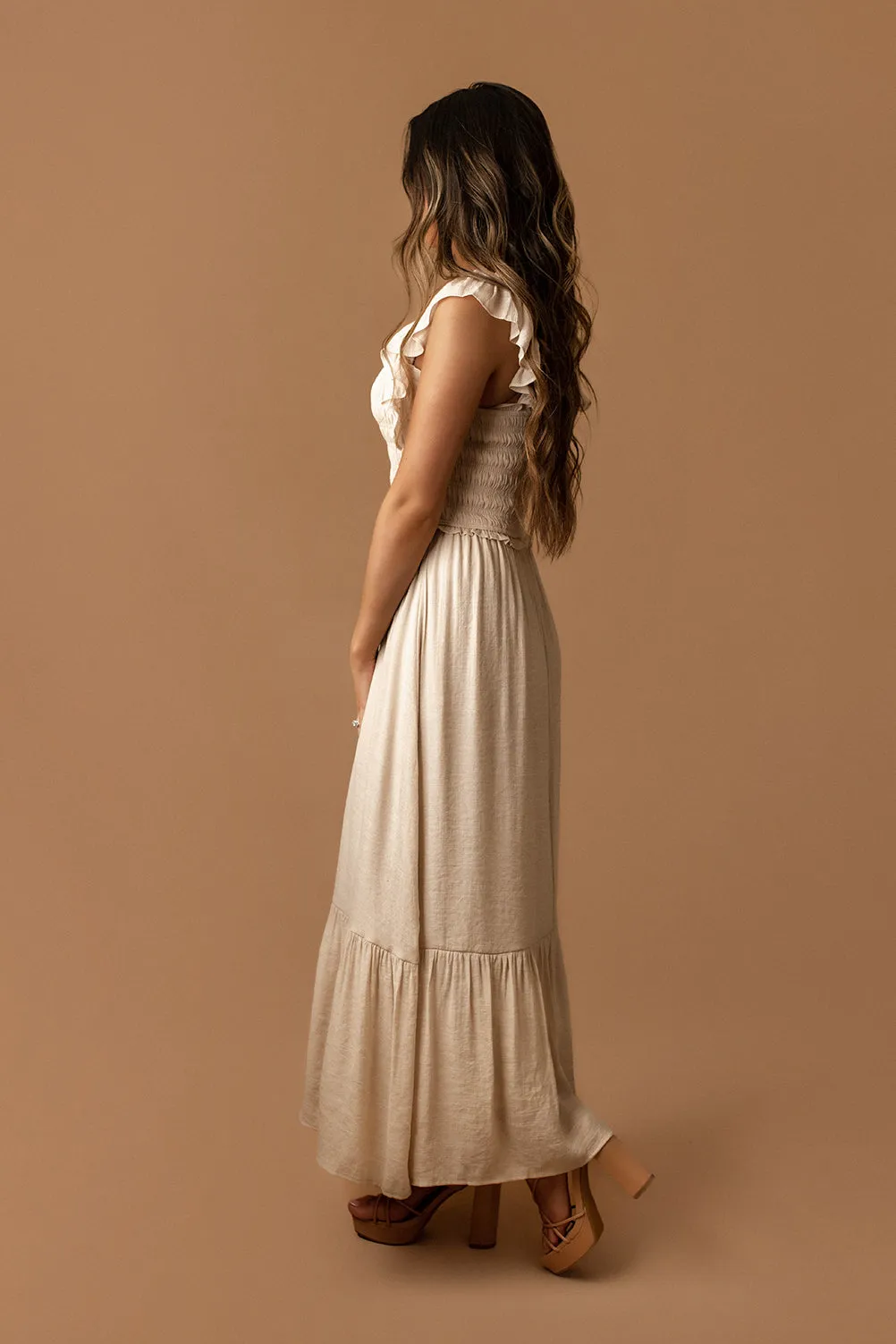 Hold My Hand Ruffle Strap Tiered Maxi Dress (Natural)