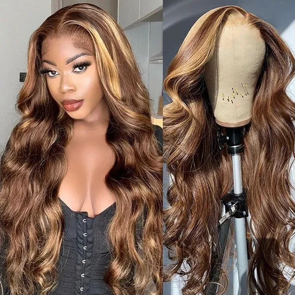 Honey Blonde Piano Highlight Color Body Wave 13x4/6x5 Lace Front Human Hair Wig