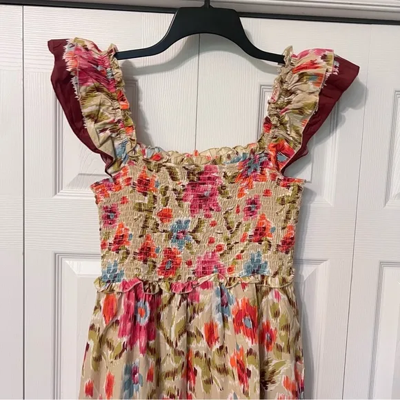 House Of Harlow 1960 Zoey Khaki Maxi Dress Smocked Floral Flutter Sleeve Sz S
