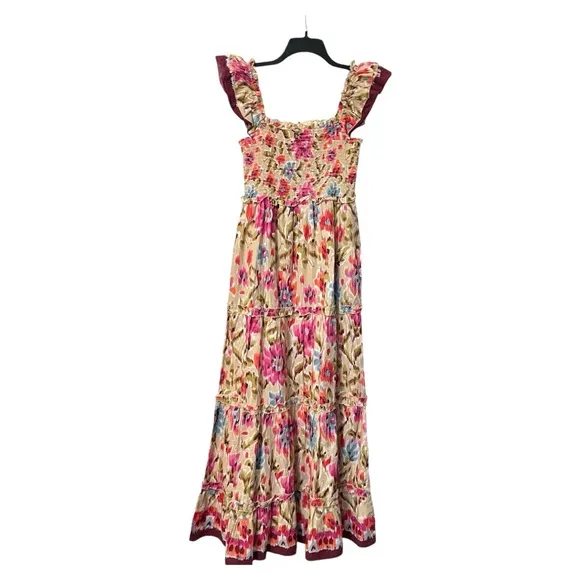 House Of Harlow 1960 Zoey Khaki Maxi Dress Smocked Floral Flutter Sleeve Sz S