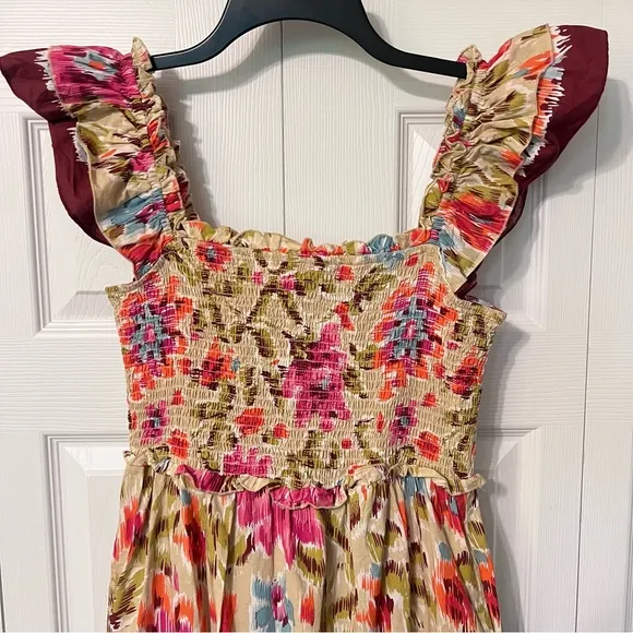 House Of Harlow 1960 Zoey Khaki Maxi Dress Smocked Floral Flutter Sleeve Sz S