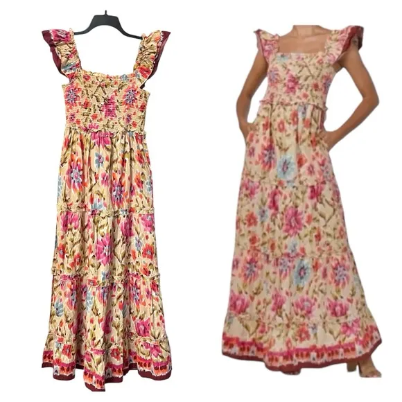 House Of Harlow 1960 Zoey Khaki Maxi Dress Smocked Floral Flutter Sleeve Sz S