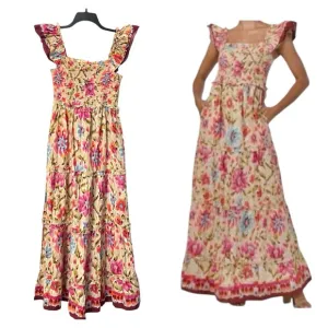 House Of Harlow 1960 Zoey Khaki Maxi Dress Smocked Floral Flutter Sleeve Sz S