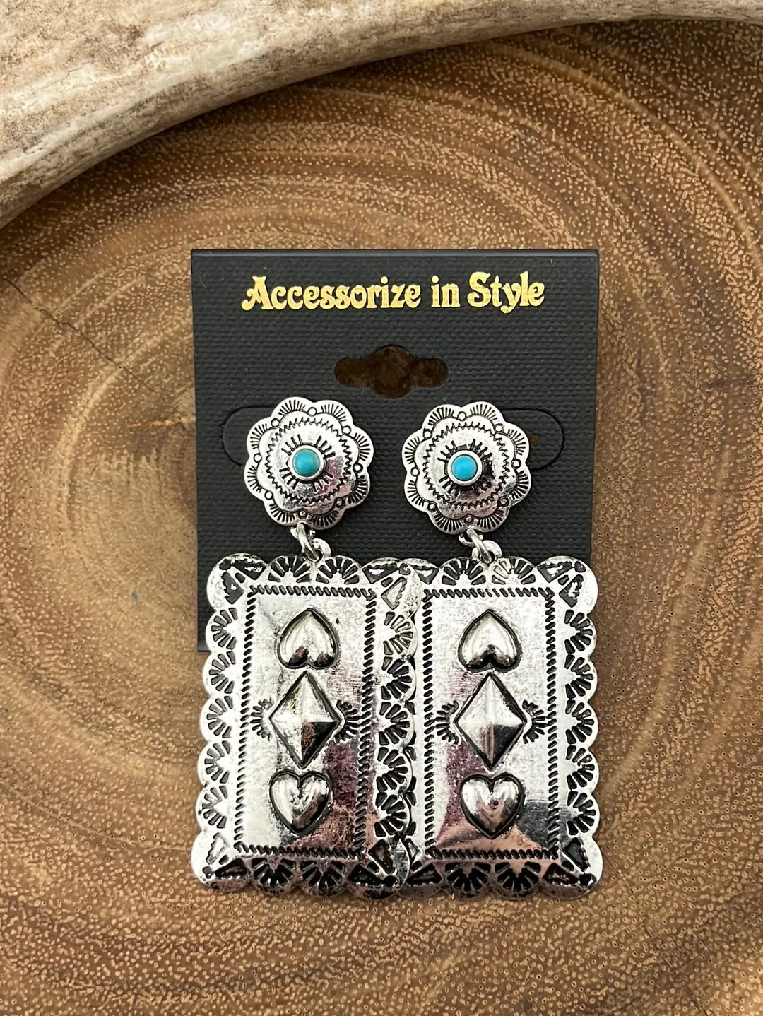 Hudson Fashion Concho Post Rectangle Heart Drop Earrings - Turquoise