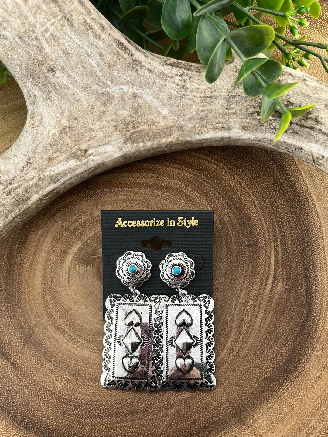 Hudson Fashion Concho Post Rectangle Heart Drop Earrings - Turquoise
