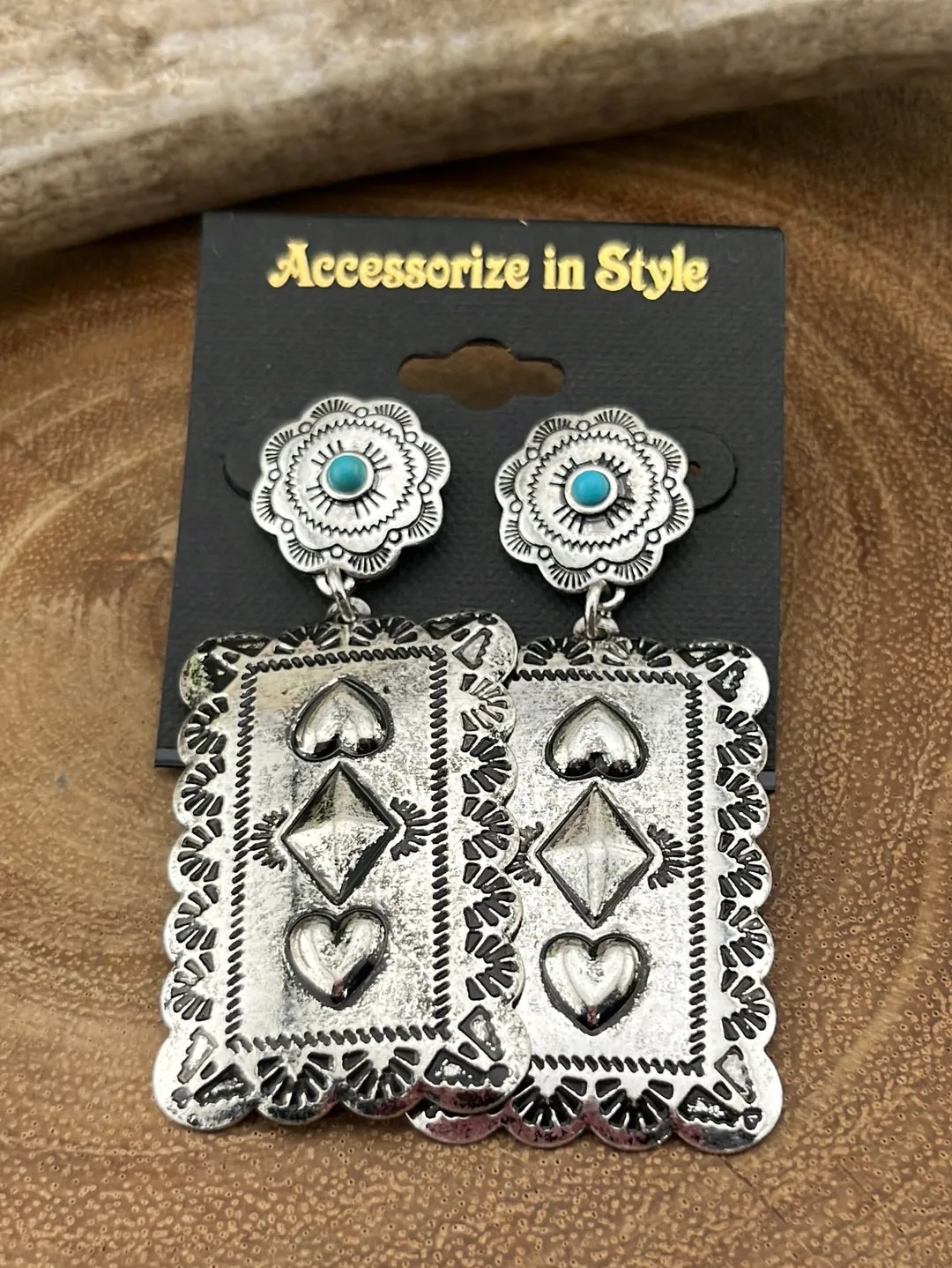 Hudson Fashion Concho Post Rectangle Heart Drop Earrings - Turquoise