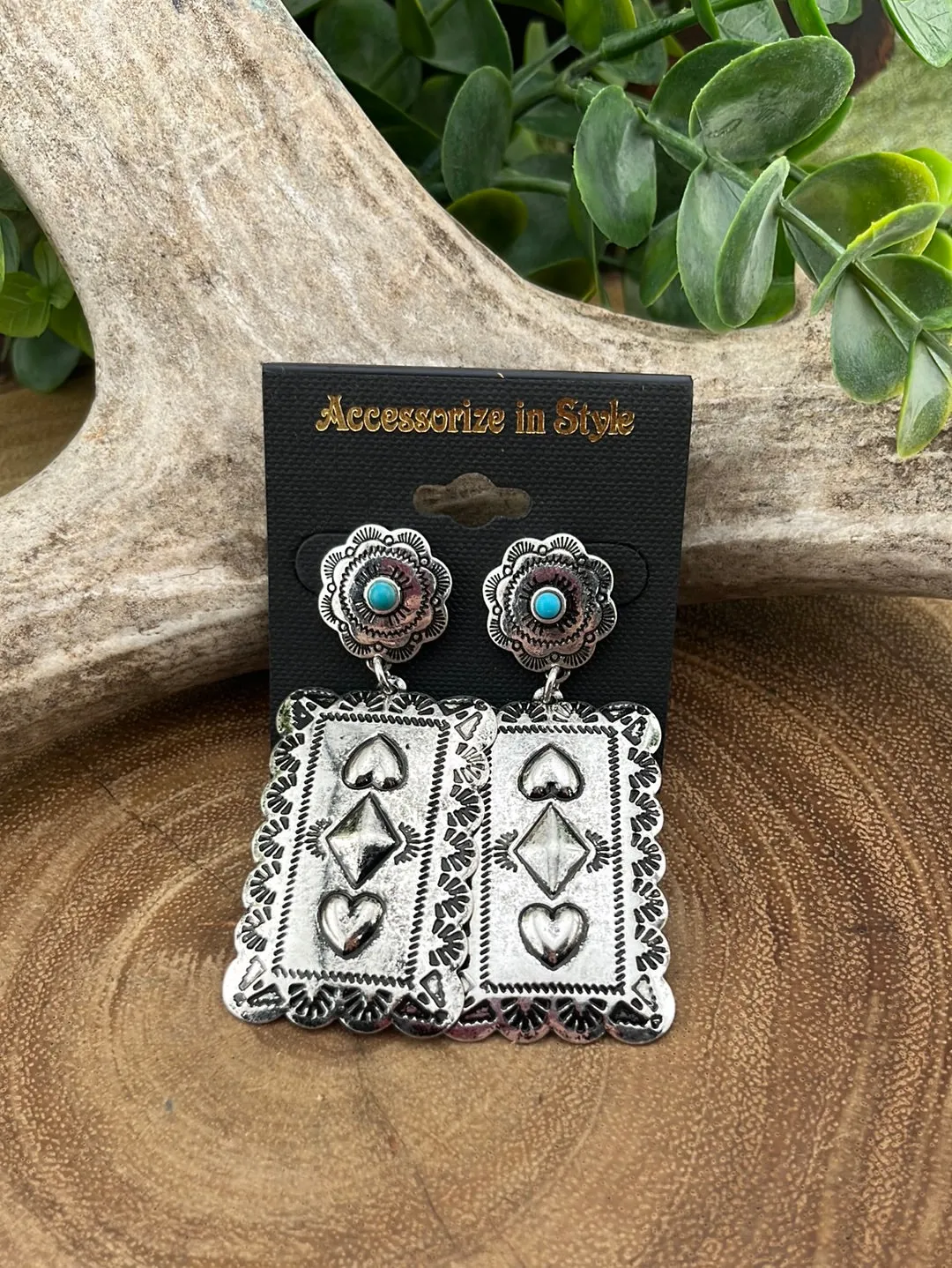 Hudson Fashion Concho Post Rectangle Heart Drop Earrings - Turquoise