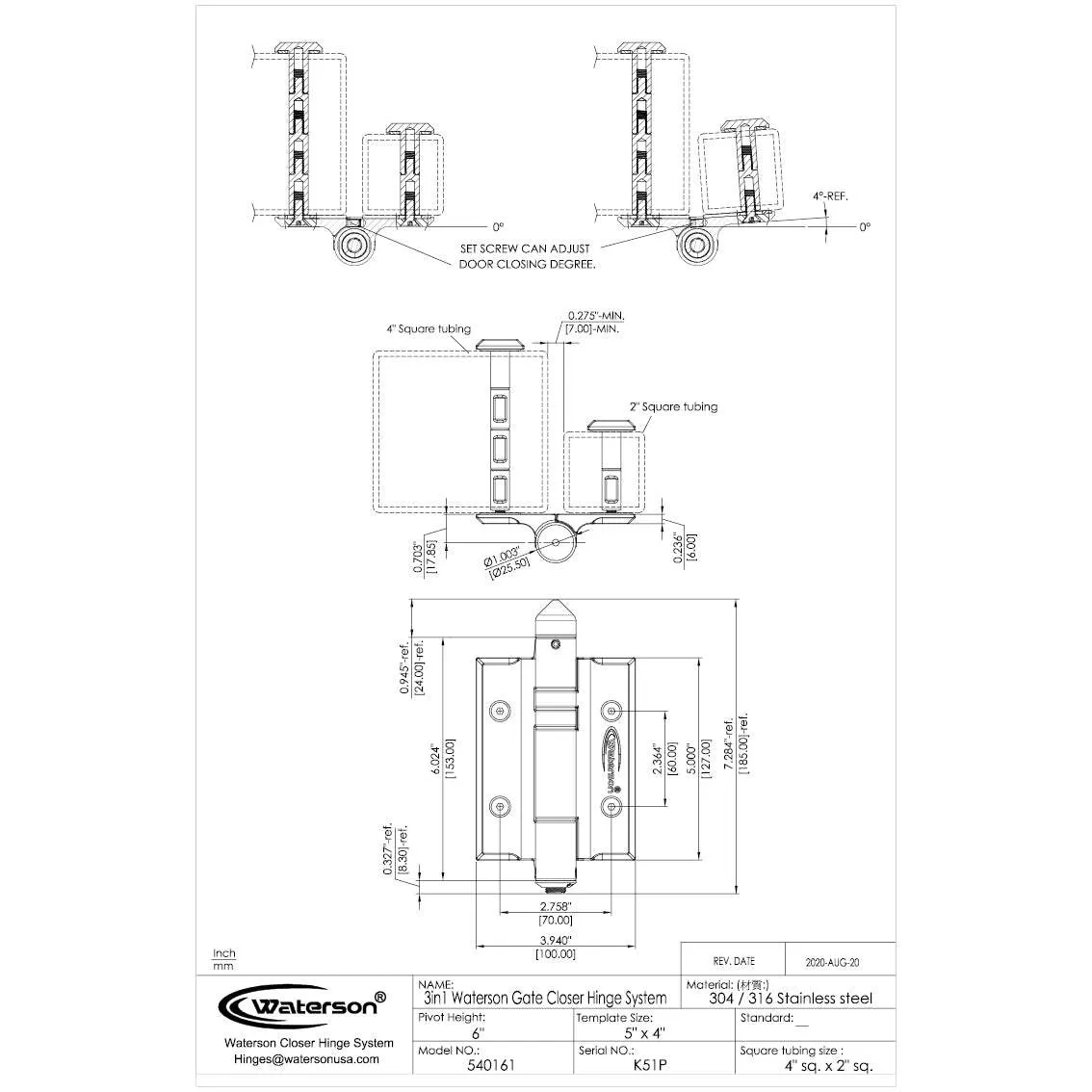 Hydraulic Gate Hinges | Soft Closing | 6ft | SS304 | K51P-B2 | 2 Pack