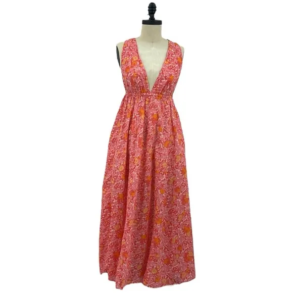J.Crew Babydoll Plunge-neck beach dress in pink limone Floral print NEW SZ S