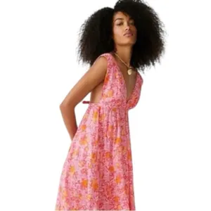 J.Crew Babydoll Plunge-neck beach dress in pink limone Floral print NEW SZ S