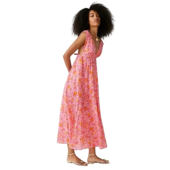 J.Crew Babydoll Plunge-neck beach dress in pink limone Floral print NEW SZ S