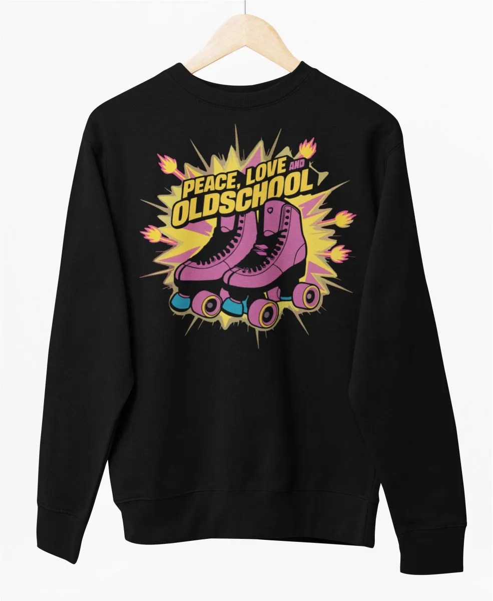 Juodas UNISEX džemperis be gobtuvo "Peace, love and oldschool"