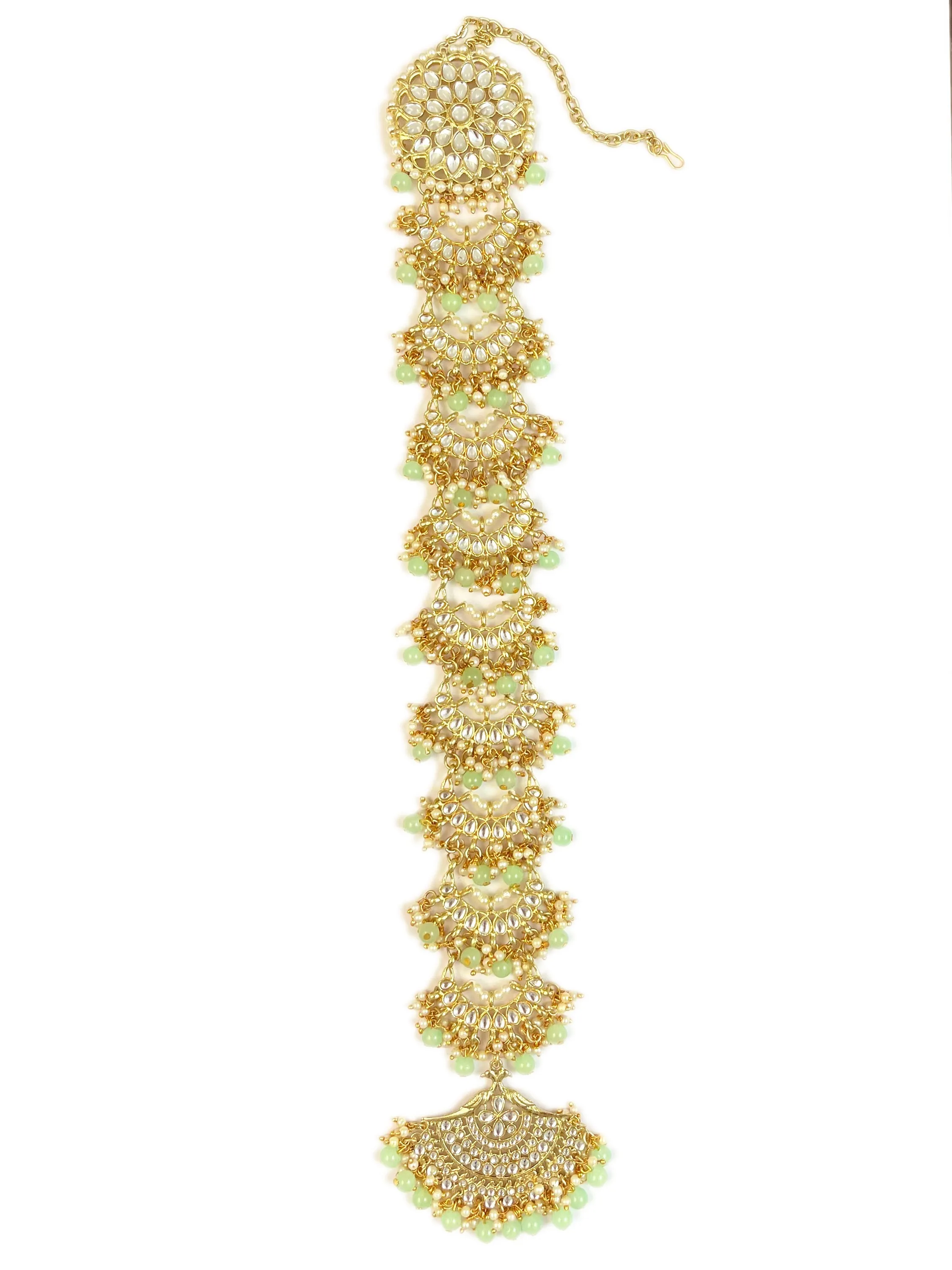 Karatcart Light Green Beads Gold Plated Handcrafted Kundan Bridal Wedding Hair Braid Choti