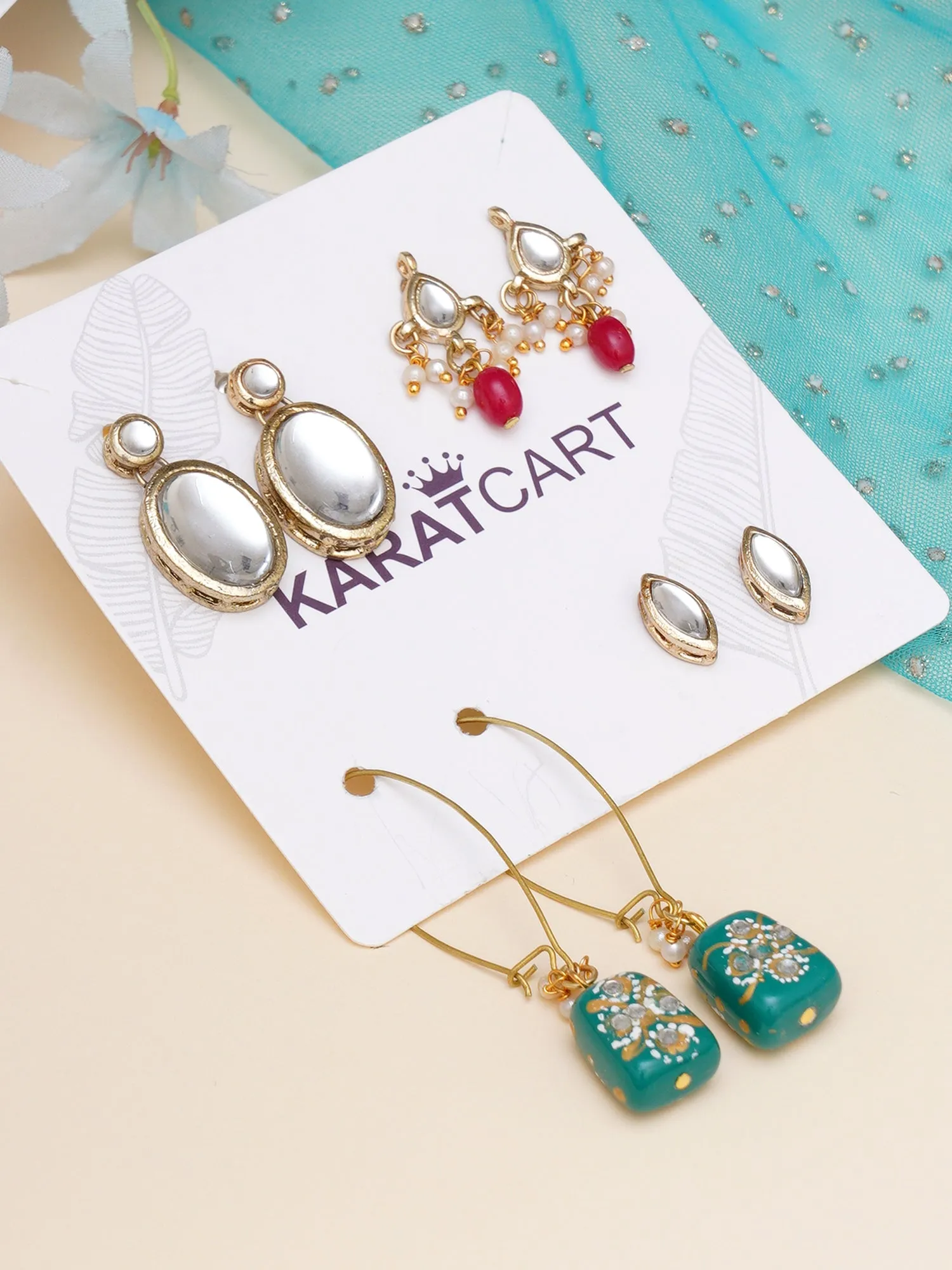 Karatcart Set of 4 Handcrafted Kundan Earrings Combo for Women